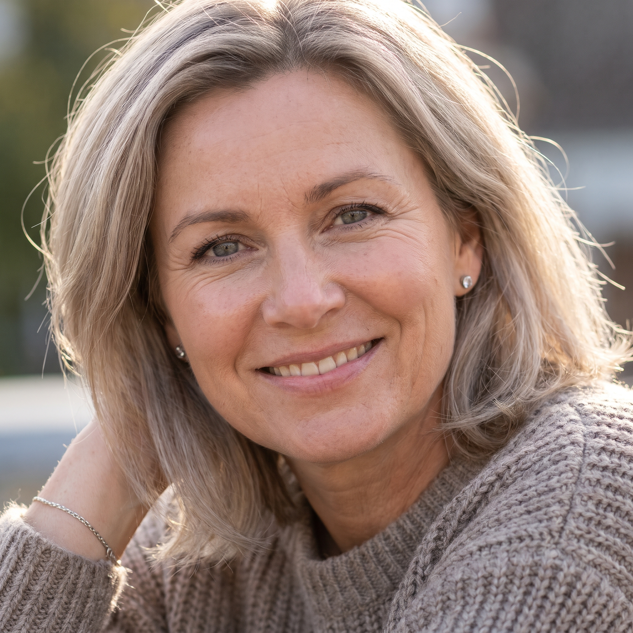 Lachende vrouw met grijsblond schouderlang haar in een zachte beige gebreide trui, buiten in warm zonlicht